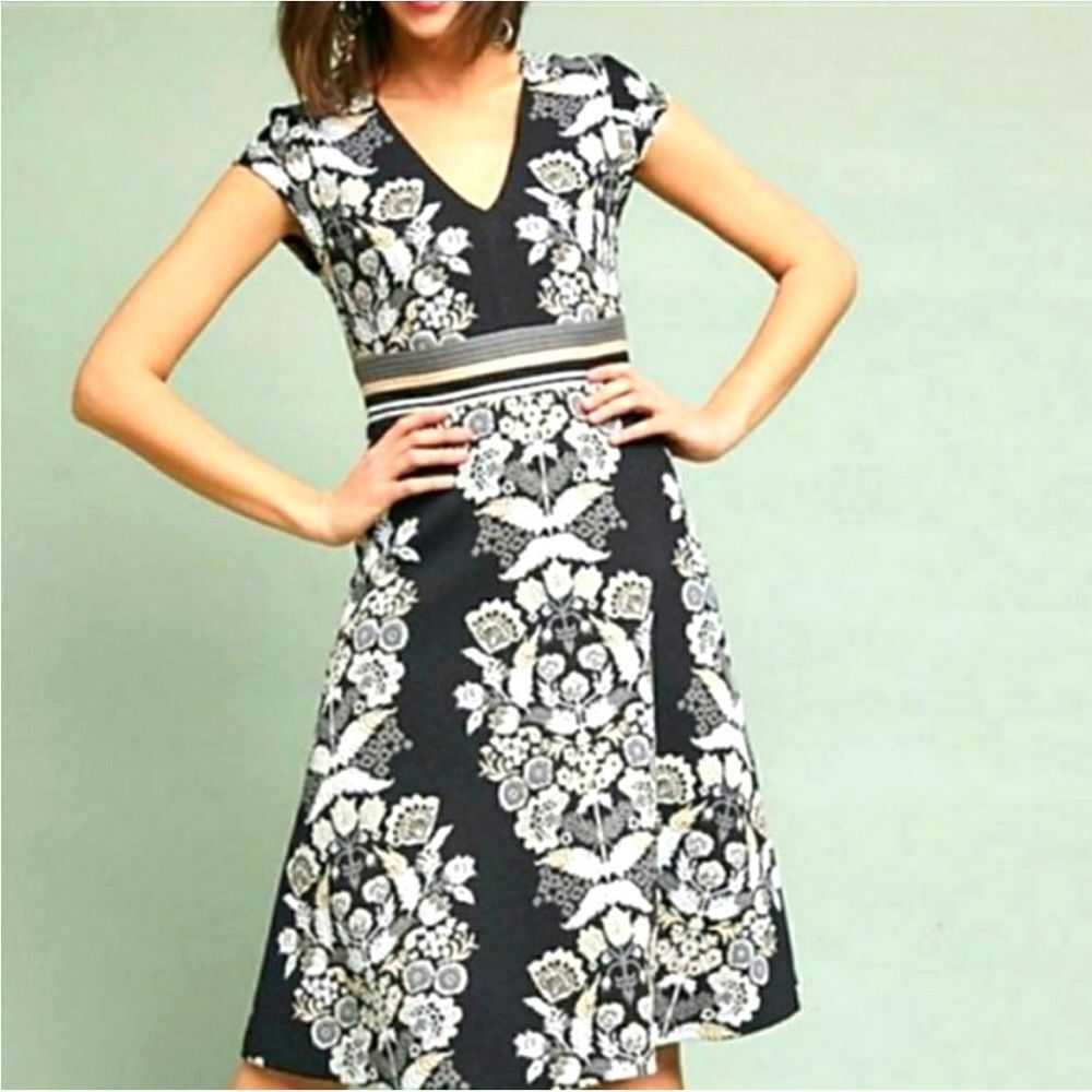 Anthropologie Ett Twa  Soirée Embroidered LBD Black White Cream Midi Dress